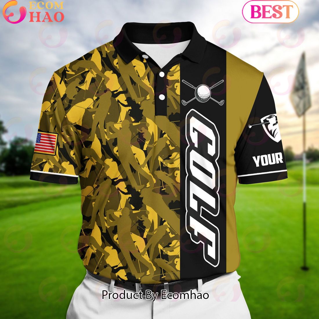 Ecomhao Yellow Pride Premium Cool American Flag Golf Polo Shirts Multicolored Custom Name Polo