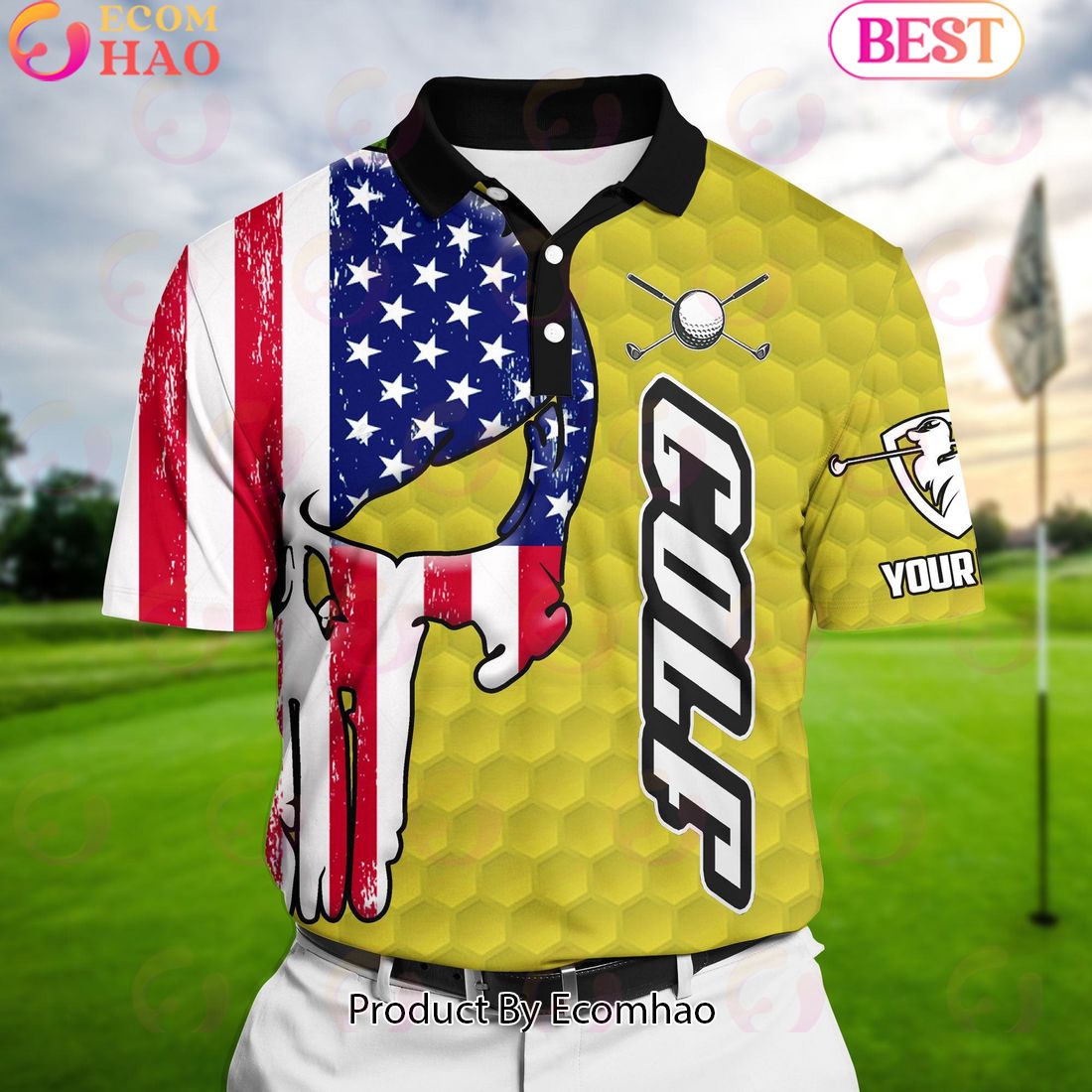 Ecomhao Yellow Pride Premium Cool American Skull Golf Polo Shirts Multicolored Custom Name Polo