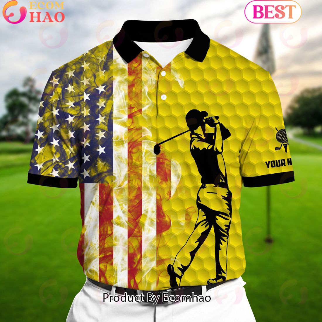 Ecomhao Yellow Pride Premium Smoke US Flag Cool Golf Polo Shirts Multicolor Custom Name Polo