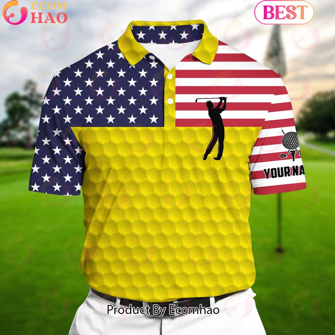 Ecomhao Yellow Pride Super Cool American Golf Man, Golf Polo Shirts Multicolor Custom Name Polo