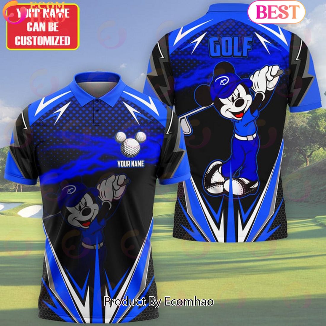 Mickey Mouse Cartoon Golf Blue Fire Ball Personalized Name 3D Polo Shirt Limited Edition