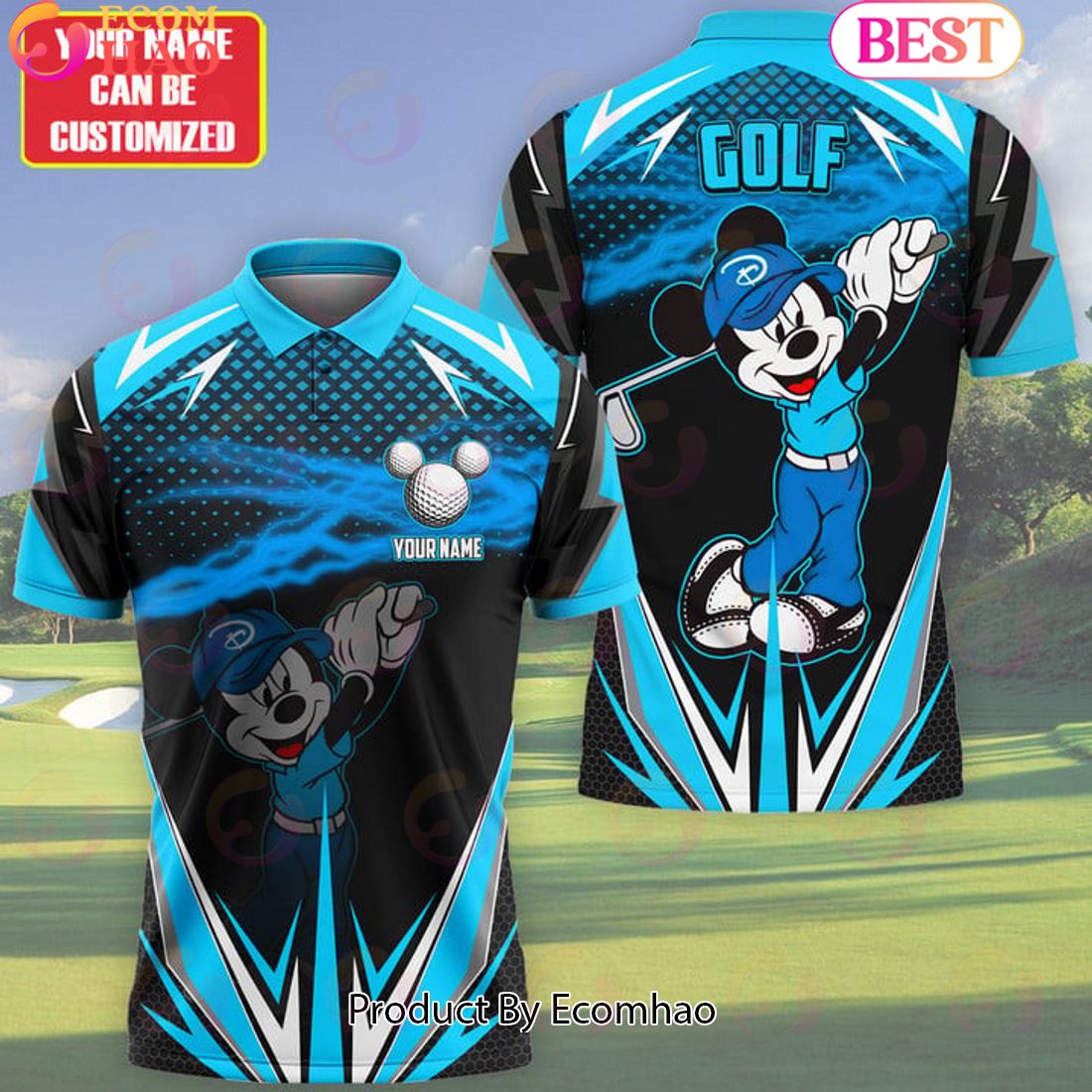 Mickey Mouse Cartoon Golf Cyan Fire Ball Personalized Name 3D Polo Shirt Limited Edition