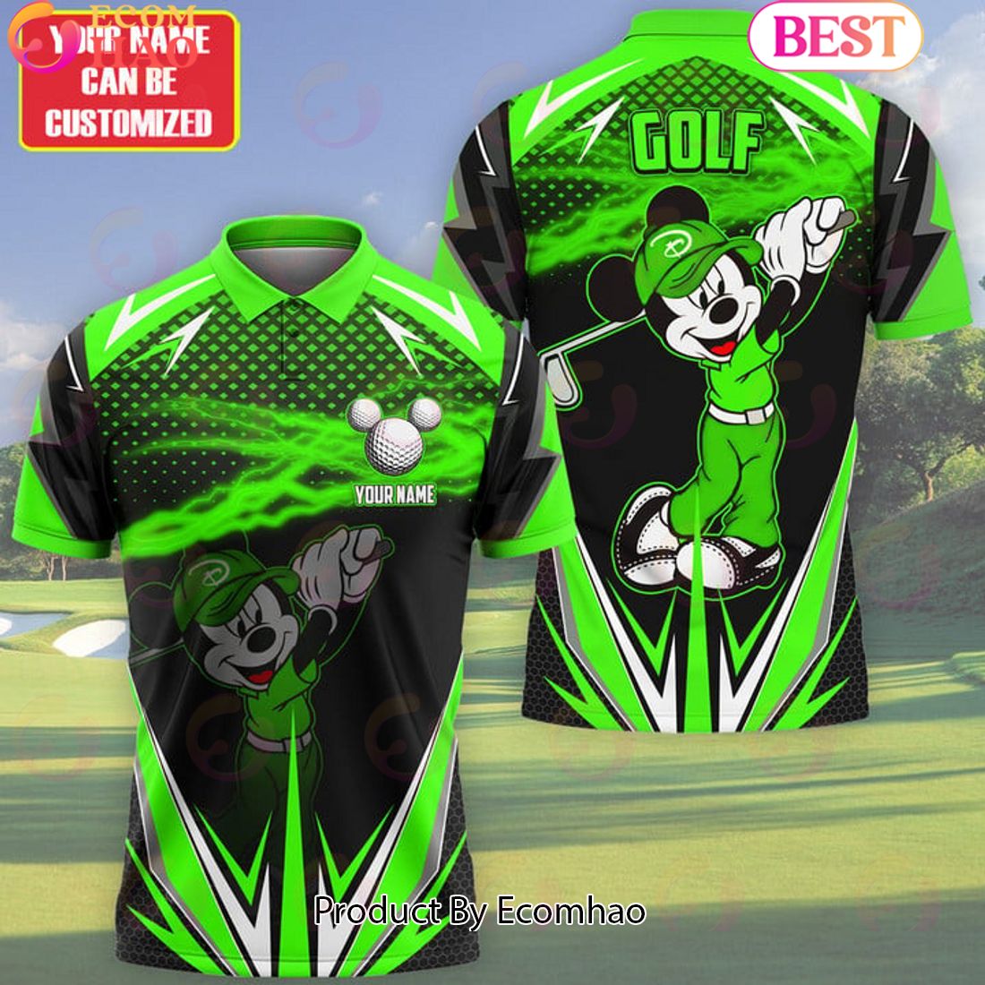 Mickey Mouse Cartoon Golf Green Fire Ball Personalized Name 3D Polo Shirt Limited Edition