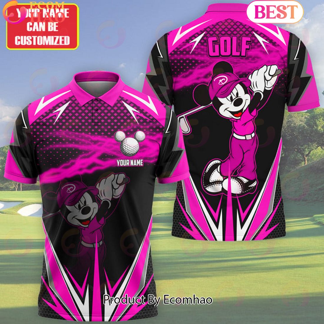 Mickey Mouse Cartoon Golf Pink Fire Ball Personalized Name 3D Polo Shirt Limited Edition