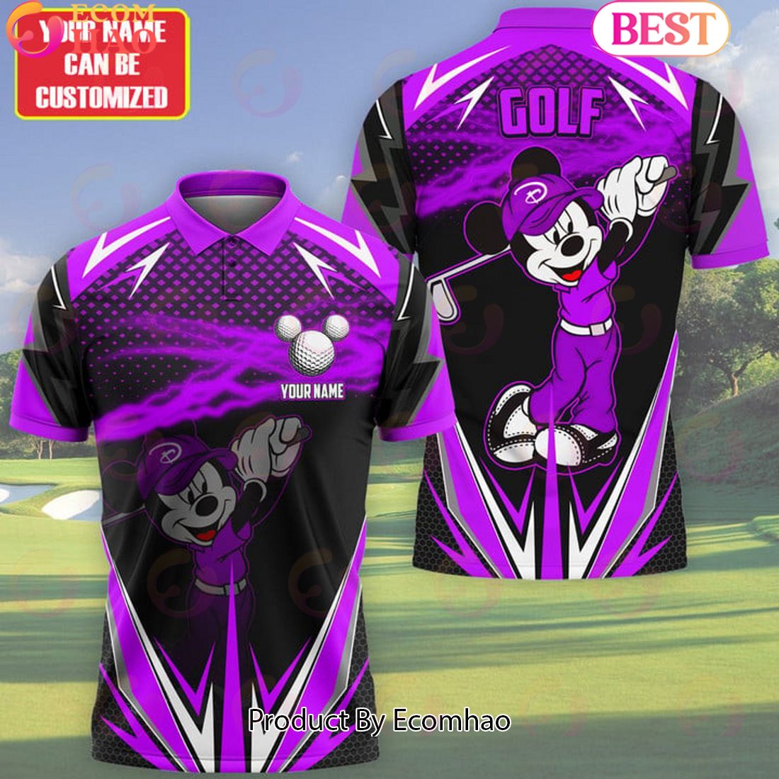 Mickey Mouse Cartoon Golf Purple Fire Ball Personalized Name 3D Polo Shirt Limited Edition