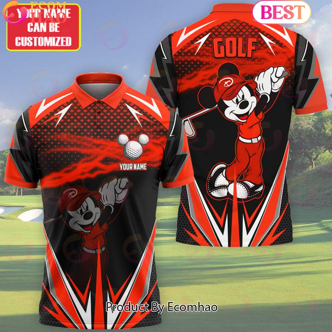 Mickey Mouse Cartoon Golf Red Fire Ball Personalized Name 3D Polo Shirt Limited Edition