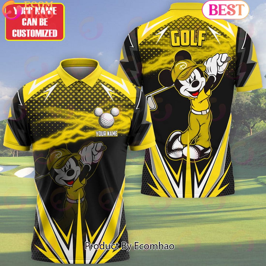 Mickey Mouse Cartoon Golf Yellow Fire Ball Personalized Name 3D Polo Shirt Limited Edition