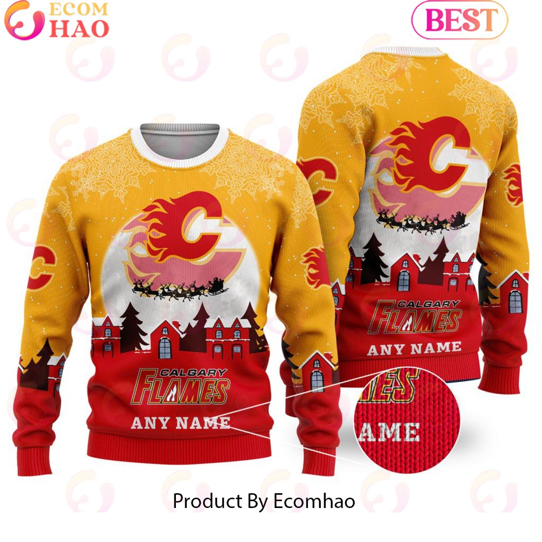 Custom Name NHL Calgary Flames Special Christmas Ugly Sweater Design