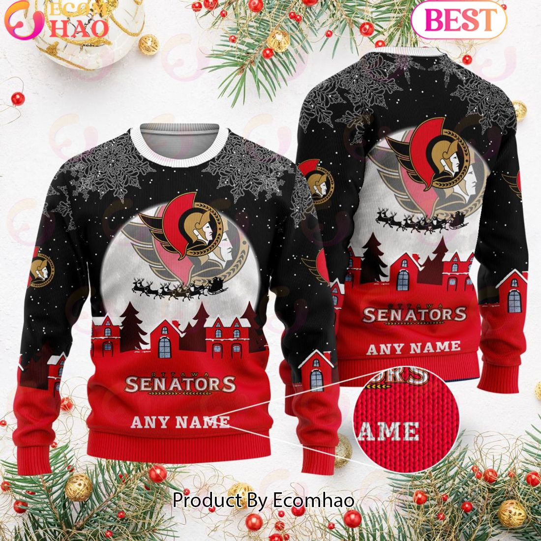 Custom Name NHL Ottawa Senators Special Christmas Ugly Sweater Design