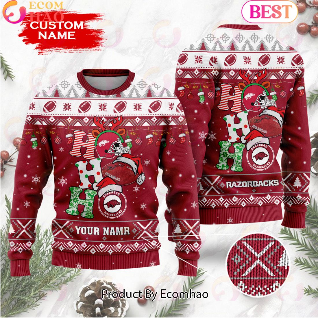 NCAA Arkansas Razorbacks HO HO HO Christmas Custom Name Ugly Wool Sweater