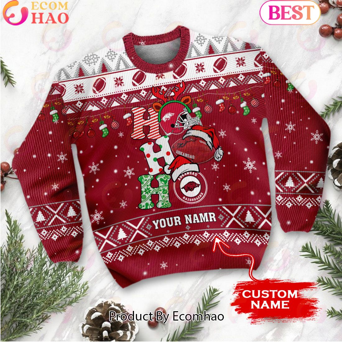 NCAA Arkansas Razorbacks HO HO HO Christmas Custom Name Ugly Wool Sweater