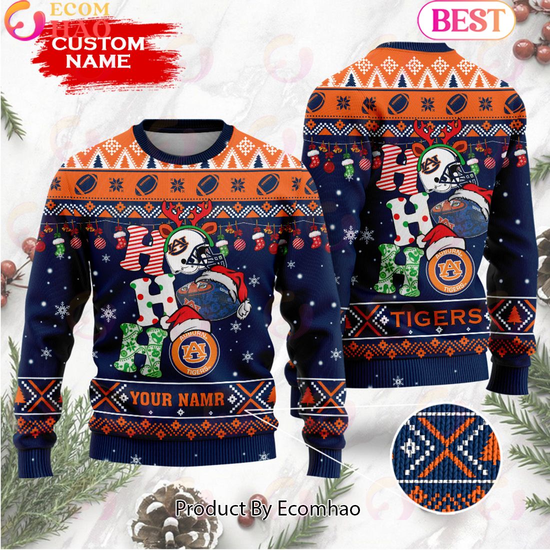 NCAA Auburn Tigers HO HO HO Christmas Custom Name Ugly Wool Sweater