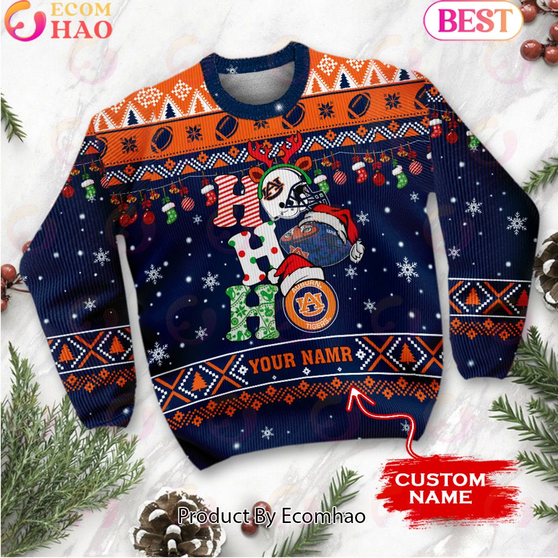 NCAA Auburn Tigers HO HO HO Christmas Custom Name Ugly Wool Sweater