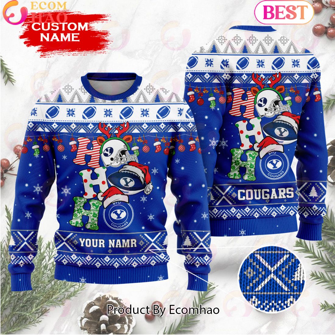 NCAA BYU Cougars HO HO HO Christmas Custom Name Ugly Wool Sweater