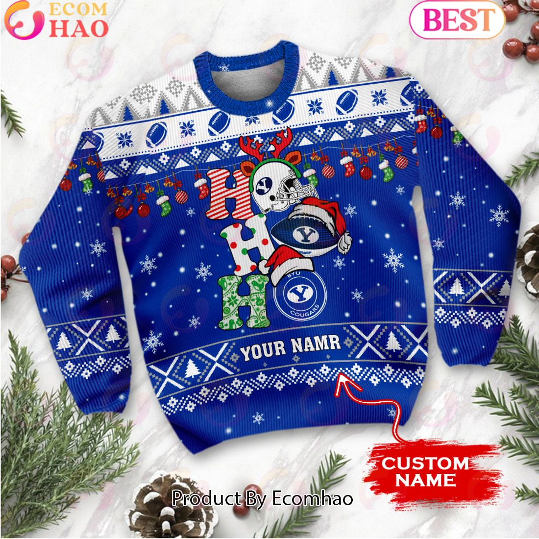 NCAA BYU Cougars HO HO HO Christmas Custom Name Ugly Wool Sweater