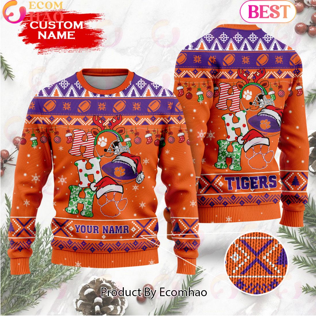 NCAA Clemson Tigers HO HO HO Christmas Custom Name Ugly Wool Sweater