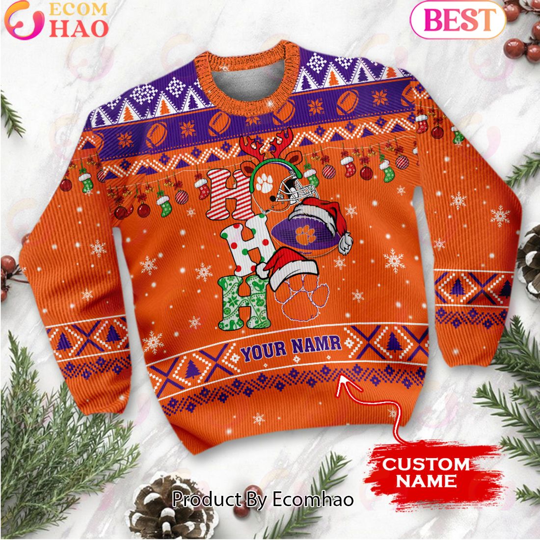 NCAA Clemson Tigers HO HO HO Christmas Custom Name Ugly Wool Sweater