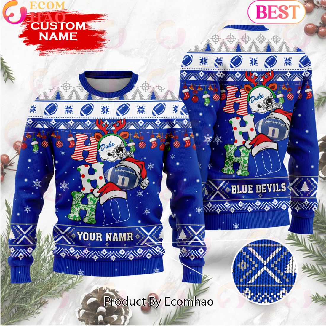 NCAA Duke Blue Devils HO HO HO Christmas Custom Name Ugly Wool Sweater