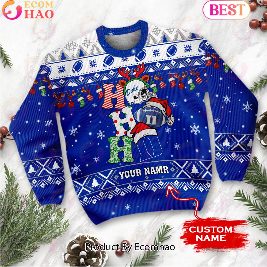 NCAA Duke Blue Devils HO HO HO Christmas Custom Name Ugly Wool Sweater