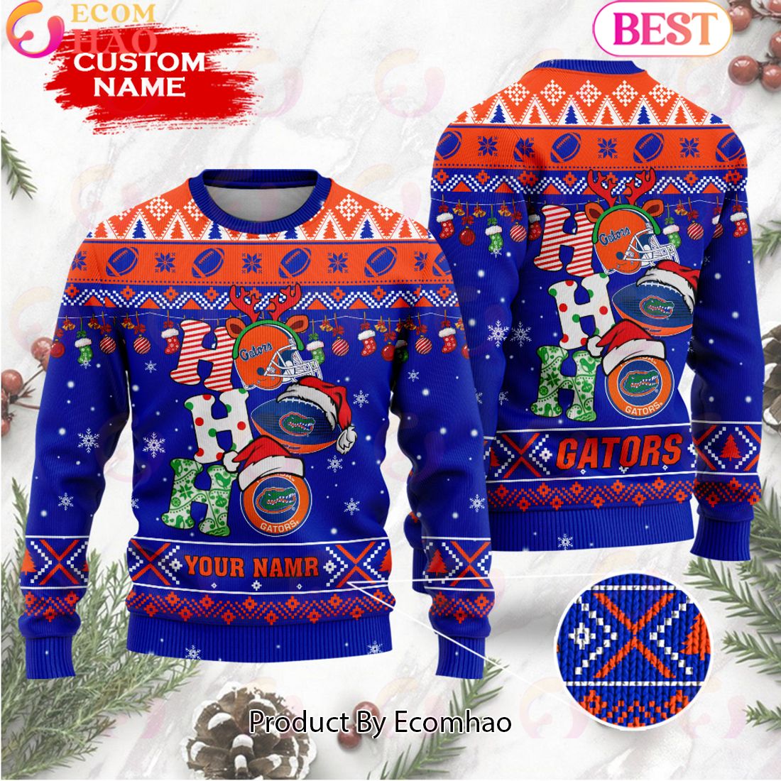 NCAA Florida Gators HO HO HO Christmas Custom Name Ugly Wool Sweater