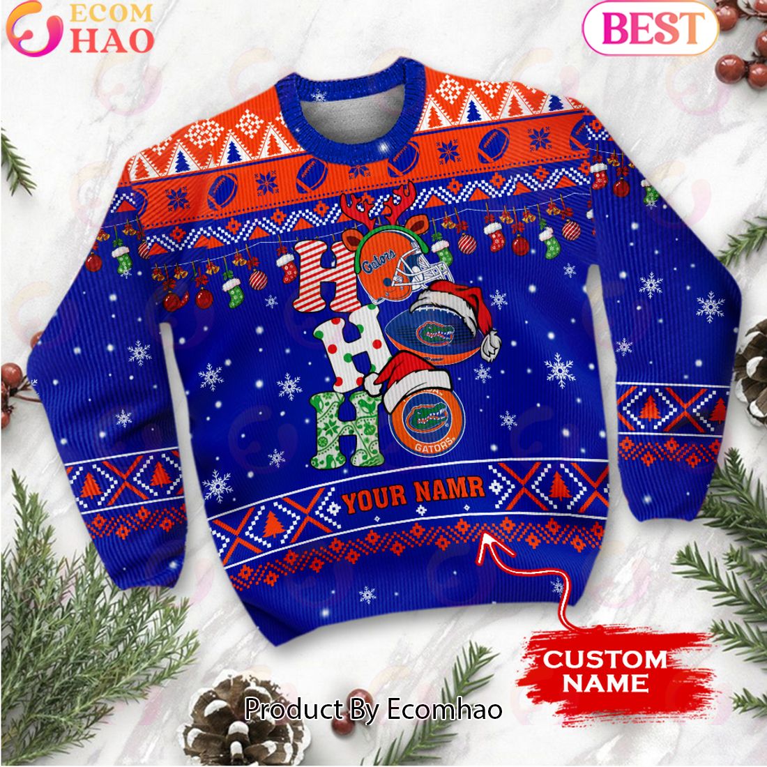 NCAA Florida Gators HO HO HO Christmas Custom Name Ugly Wool Sweater