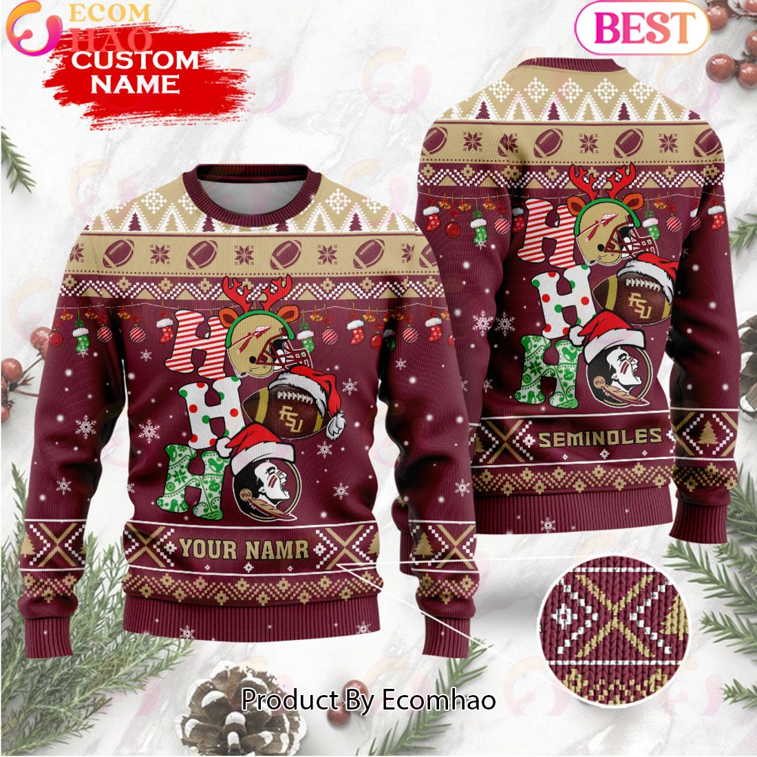 NCAA Florida State Seminoles HO HO HO Christmas Custom Name Ugly Wool Sweater