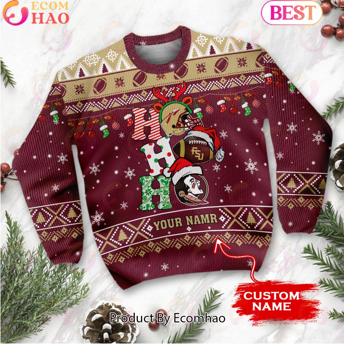 NCAA Florida State Seminoles HO HO HO Christmas Custom Name Ugly Wool Sweater