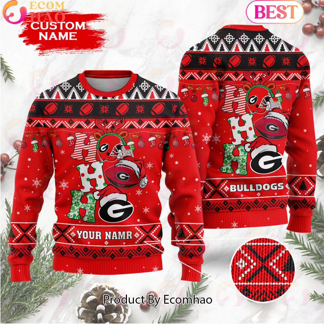 NCAA Georgia Bulldogs HO HO HO Christmas Custom Name Ugly Wool Sweater