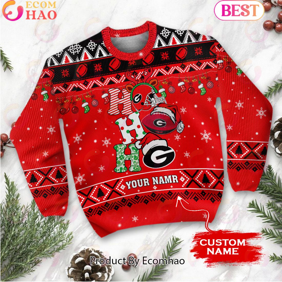 NCAA Georgia Bulldogs HO HO HO Christmas Custom Name Ugly Wool Sweater