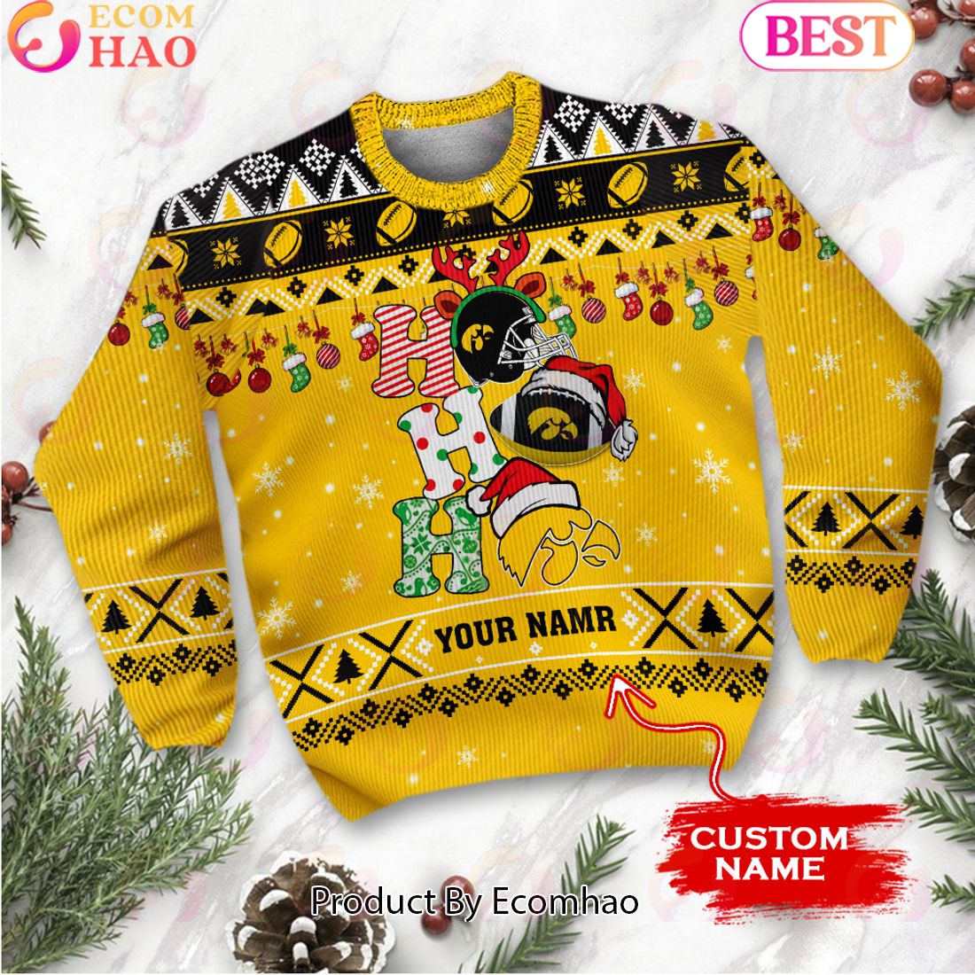 NCAA Iowa Hawkeyes HO HO HO Christmas Custom Name Ugly Wool Sweater