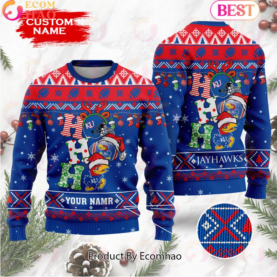 NCAA Kansas Jayhawks HO HO HO Christmas Custom Name Ugly Wool Sweater