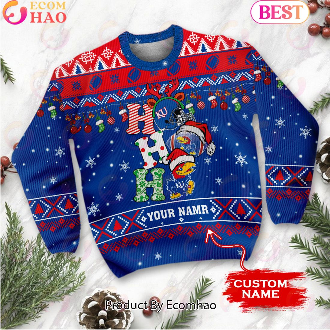 NCAA Kansas Jayhawks HO HO HO Christmas Custom Name Ugly Wool Sweater