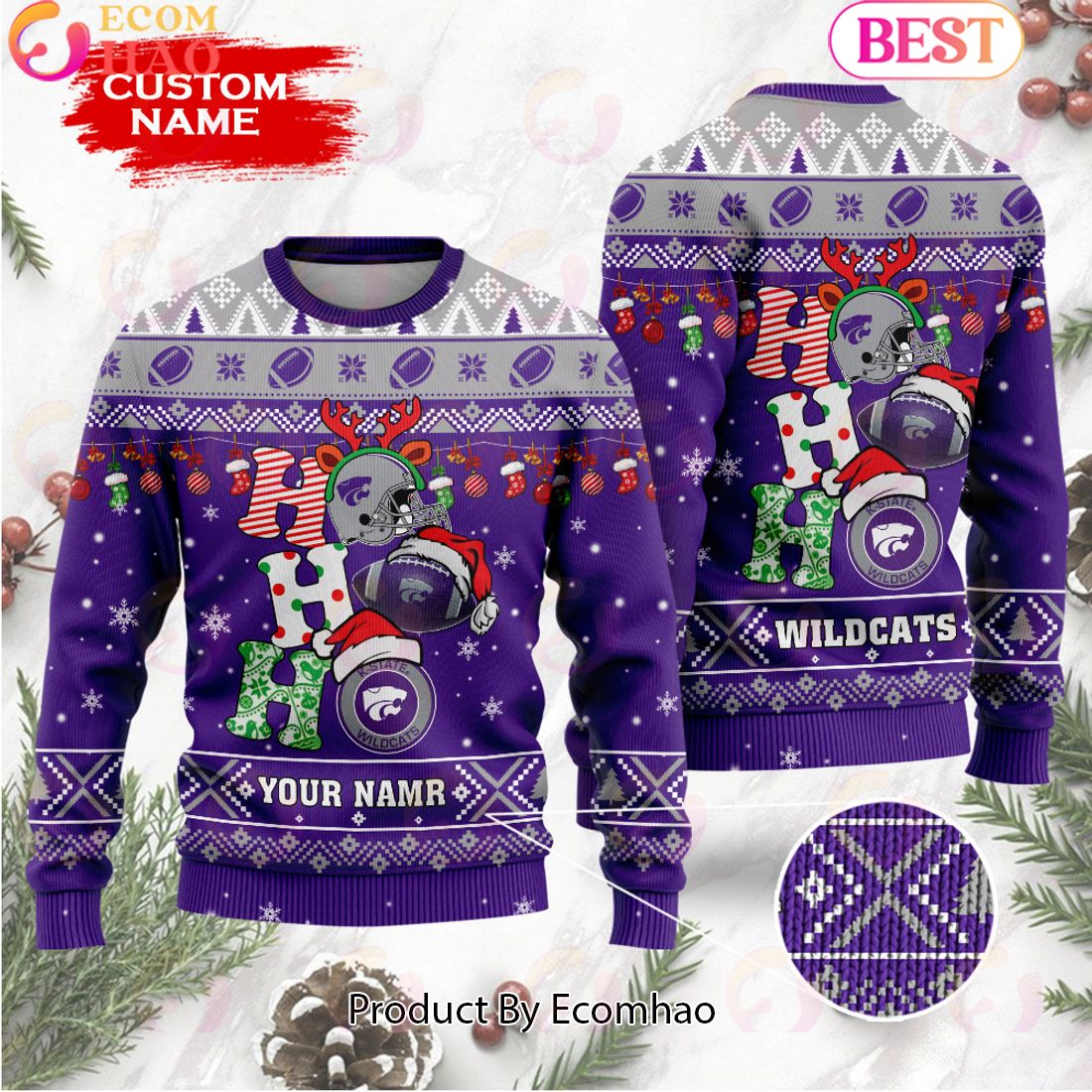 NCAA Kansas State Wildcats HO HO HO Christmas Custom Name Ugly Wool Sweater