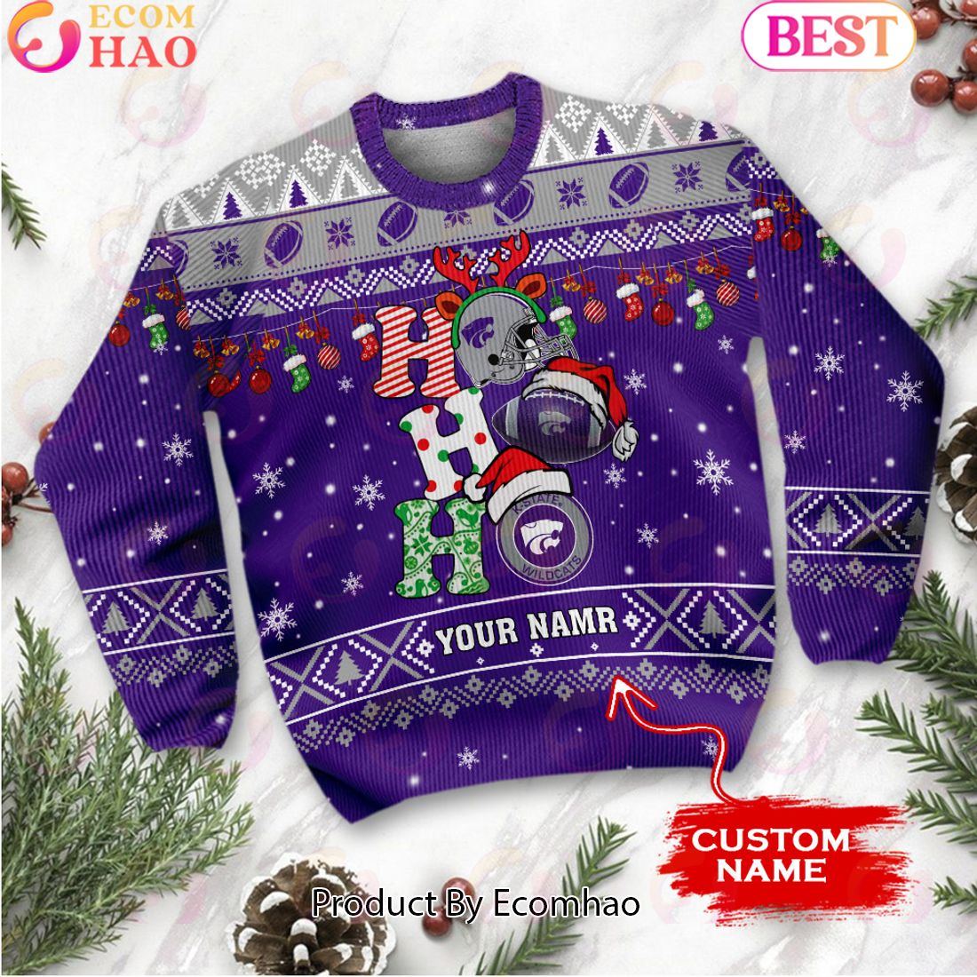 NCAA Kansas State Wildcats HO HO HO Christmas Custom Name Ugly Wool Sweater