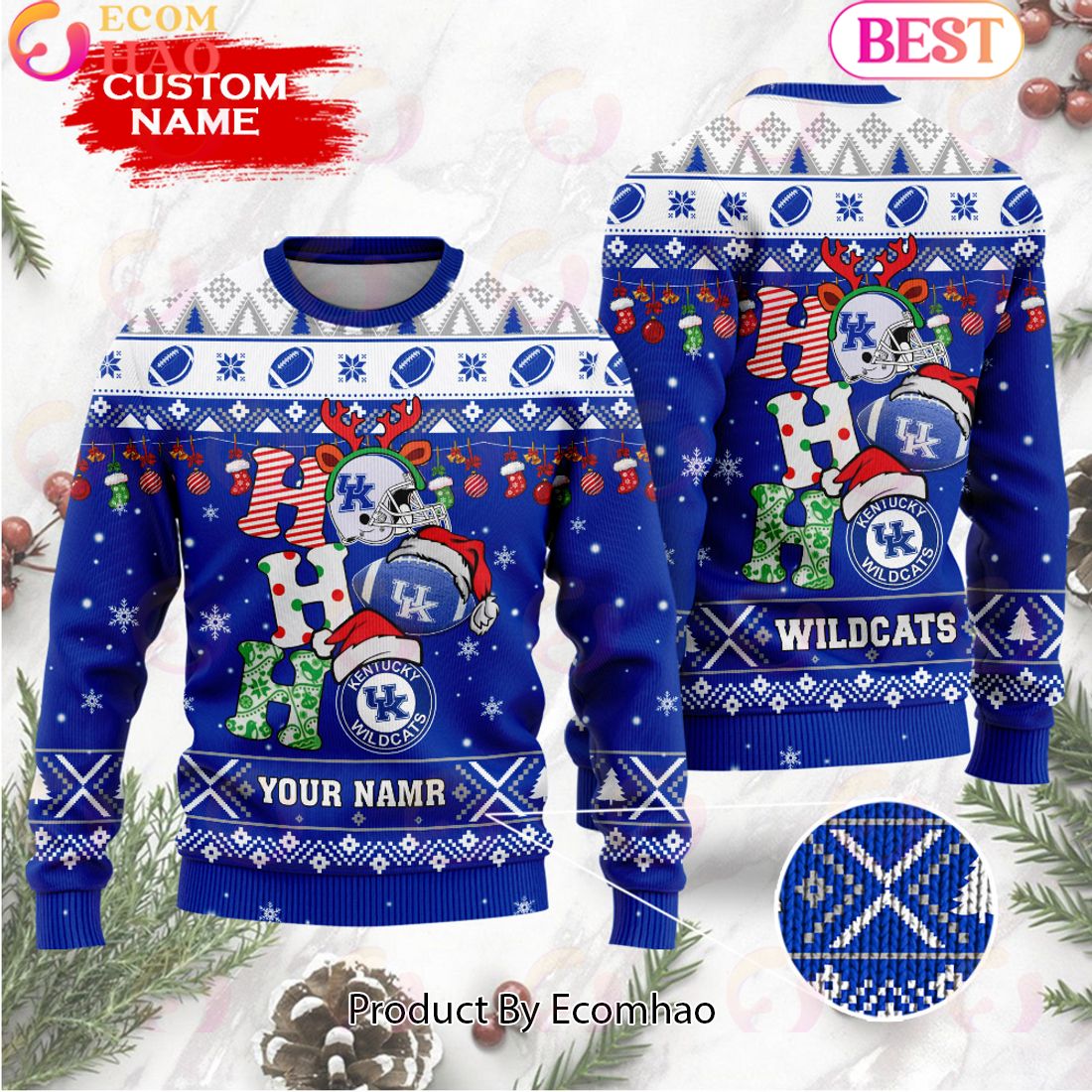 NCAA Kentucky Wildcats HO HO HO Christmas Custom Name Ugly Wool Sweater