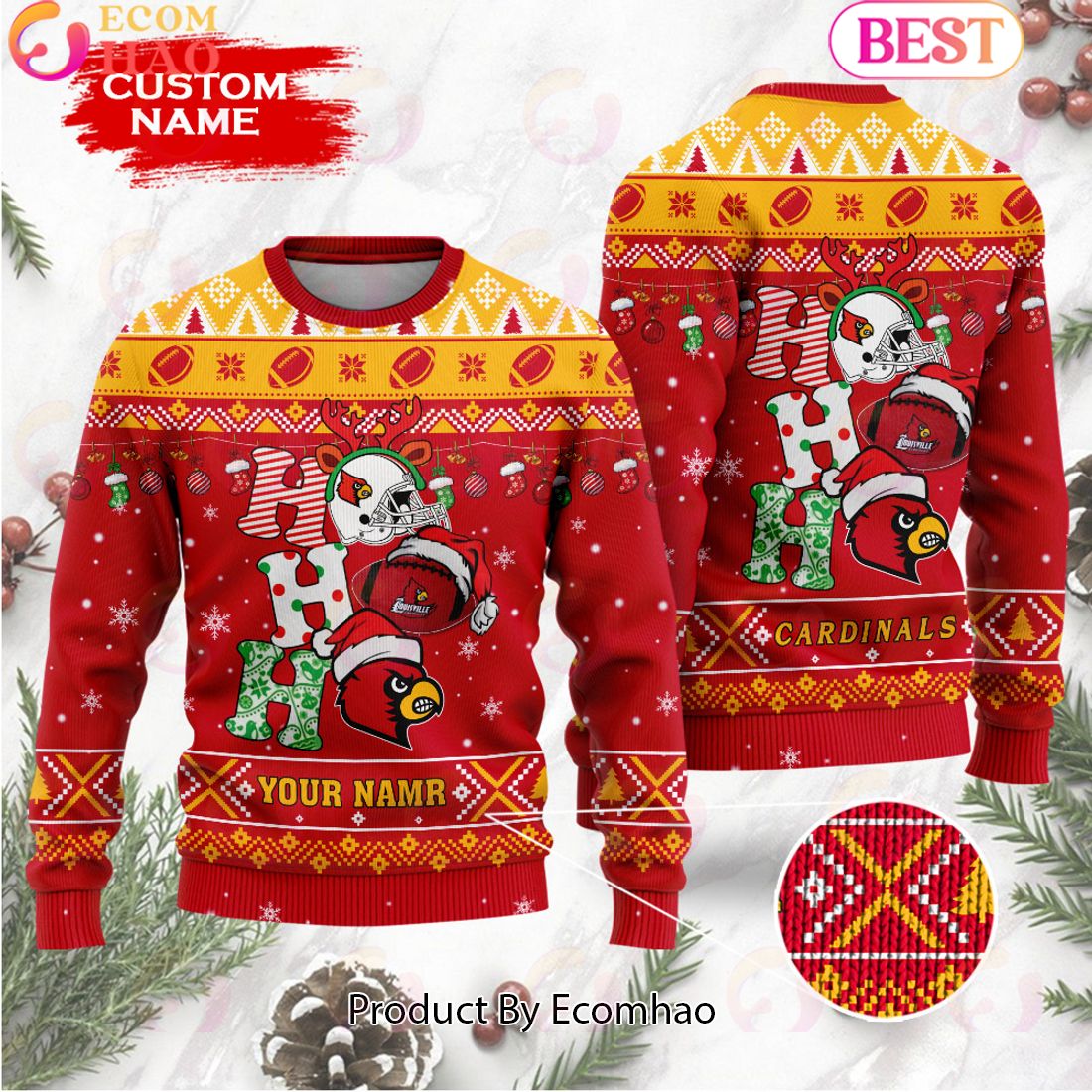 NCAA Louisville Cardinals HO HO HO Christmas Custom Name Ugly Wool Sweater