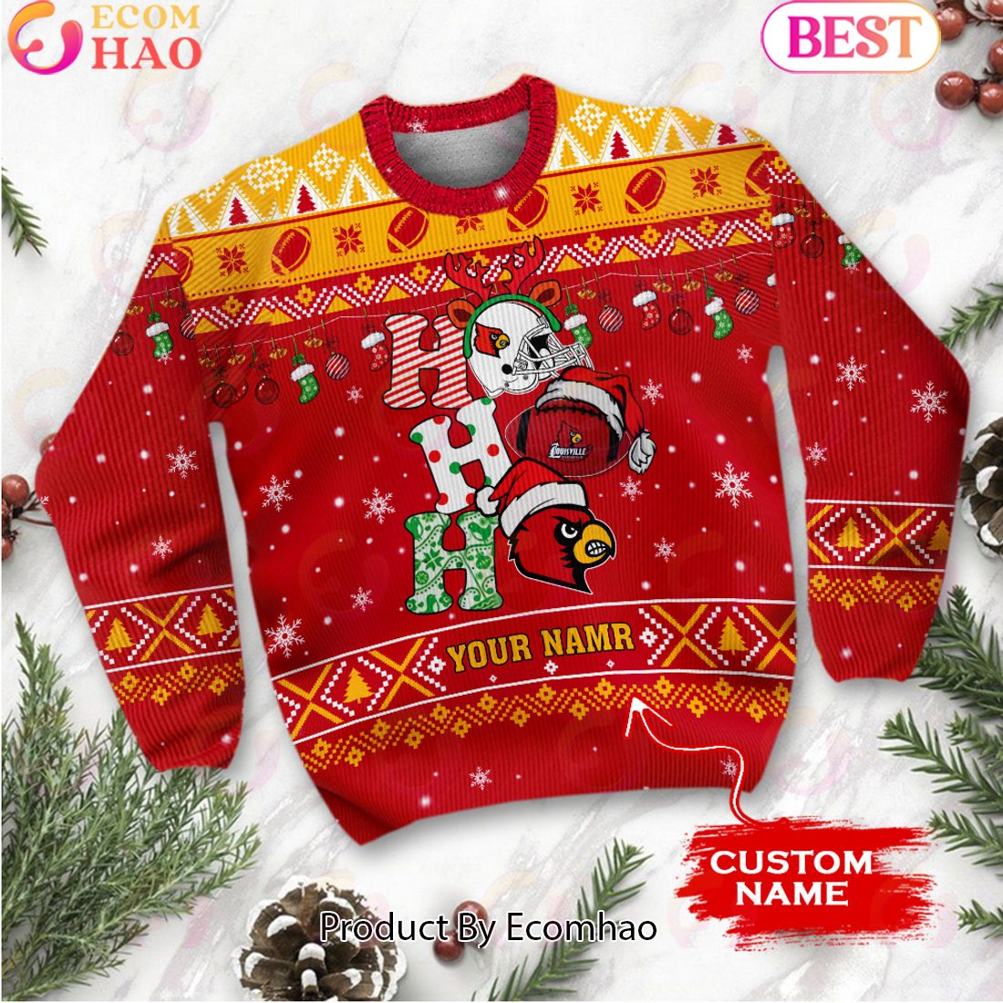 NCAA Louisville Cardinals HO HO HO Christmas Custom Name Ugly Wool Sweater