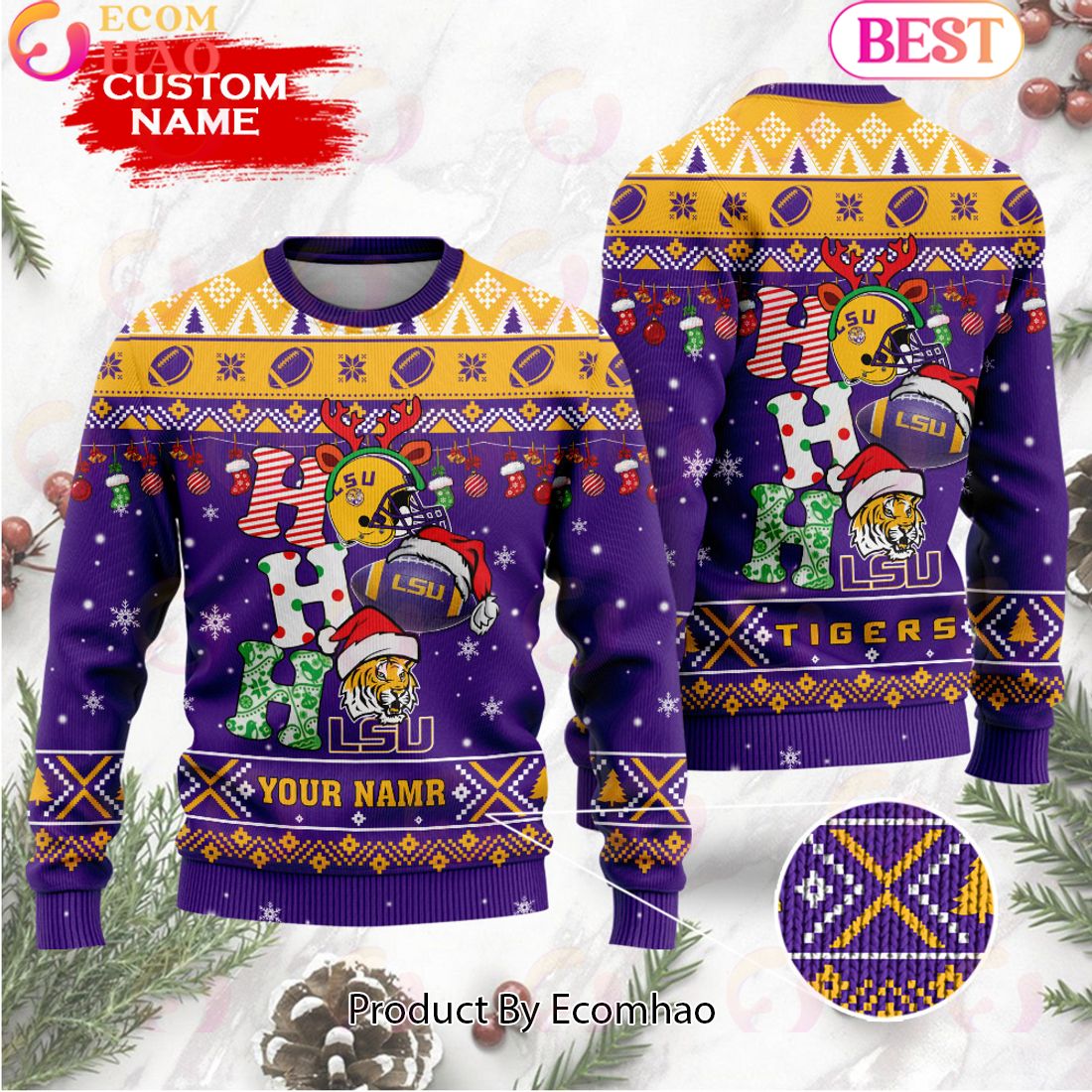 NCAA LSU Tigers HO HO HO Christmas Custom Name Ugly Wool Sweater