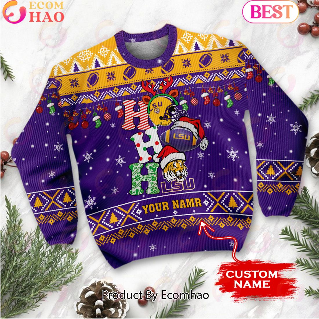 NCAA LSU Tigers HO HO HO Christmas Custom Name Ugly Wool Sweater