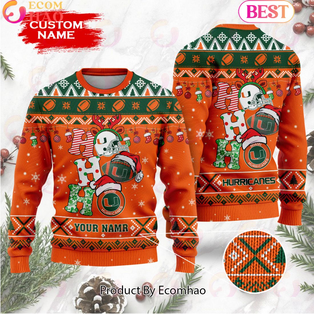 NCAA Miami Hurricanes HO HO HO Christmas Custom Name Ugly Wool Sweater