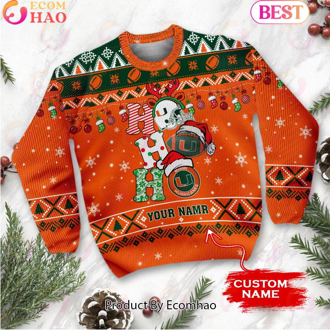 NCAA Miami Hurricanes HO HO HO Christmas Custom Name Ugly Wool Sweater