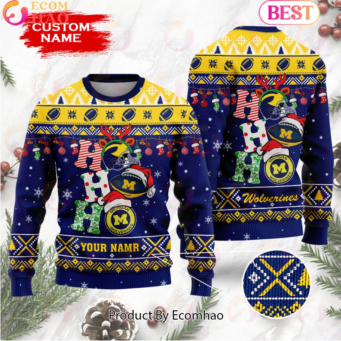 NCAA Michigan Wolverines HO HO HO Christmas Custom Name Ugly Wool Sweater