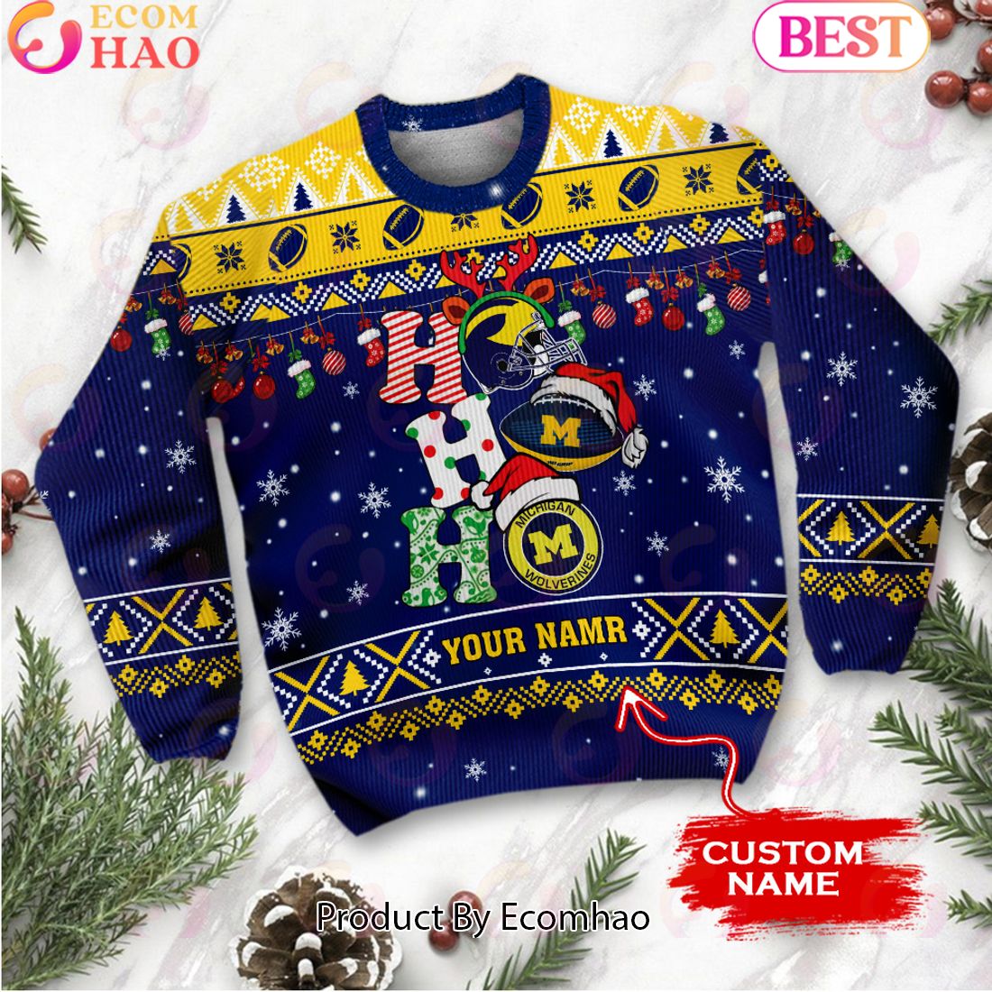 NCAA Michigan Wolverines HO HO HO Christmas Custom Name Ugly Wool Sweater