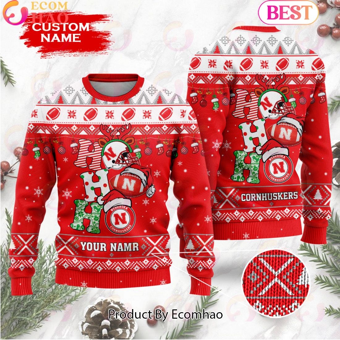 NCAA Nebraska Cornhuskers HO HO HO Christmas Custom Name Ugly Wool Sweater