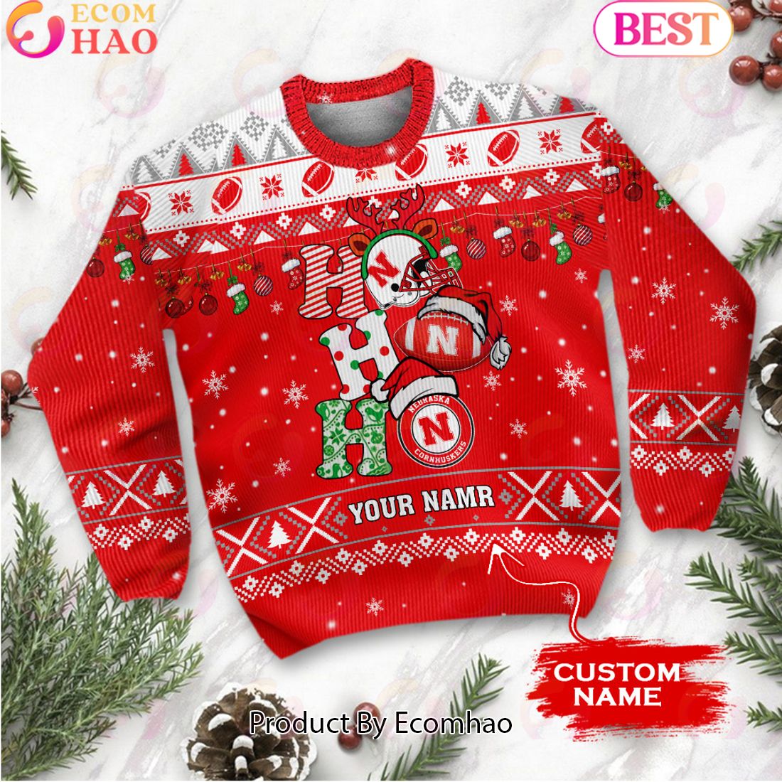 NCAA Nebraska Cornhuskers HO HO HO Christmas Custom Name Ugly Wool Sweater