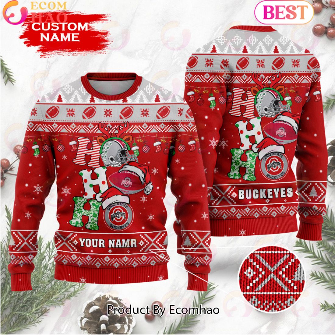 NCAA Ohio State Buckeyes HO HO HO Christmas Custom Name Ugly Wool Sweater