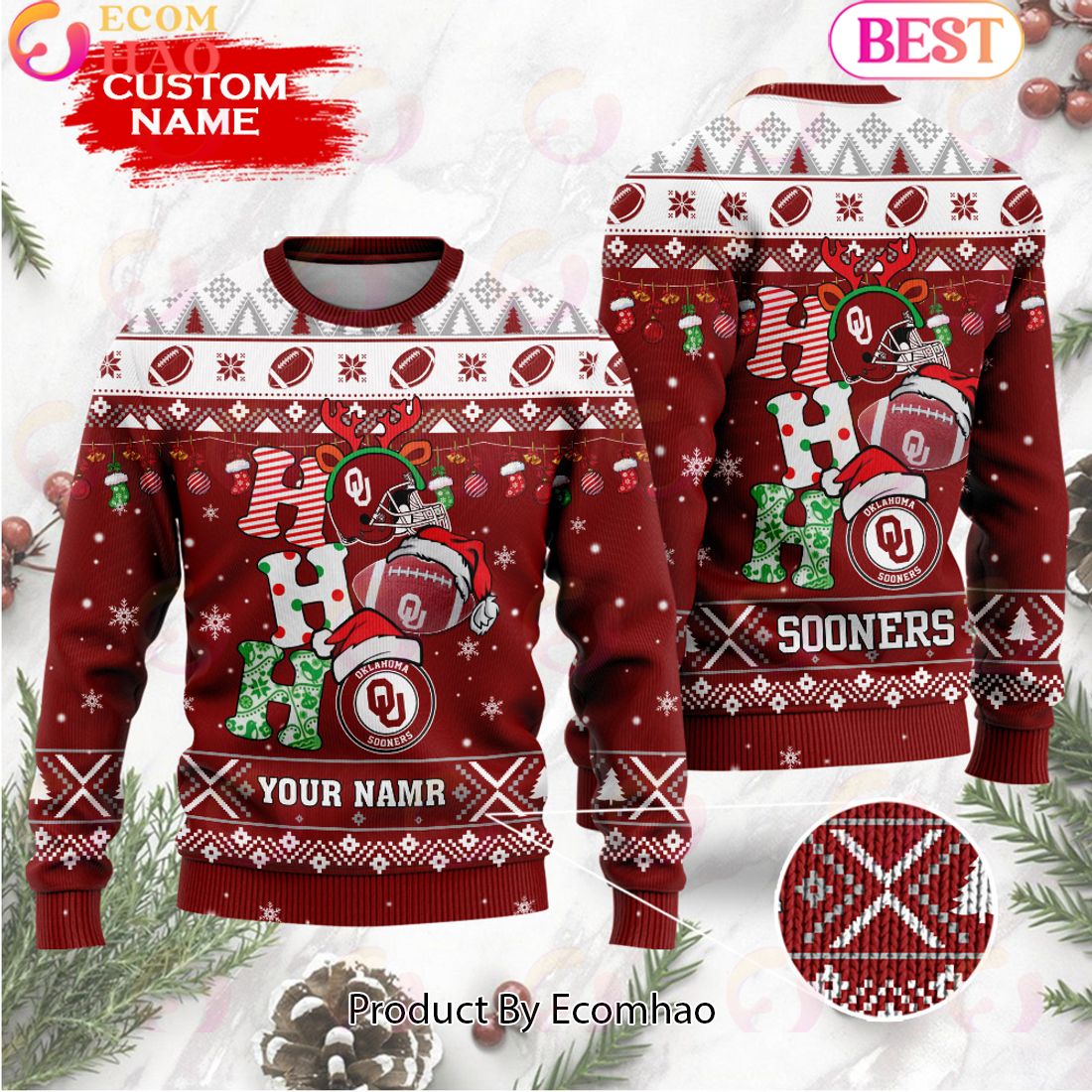 NCAA Oklahoma Sooners HO HO HO Christmas Custom Name Ugly Wool Sweater