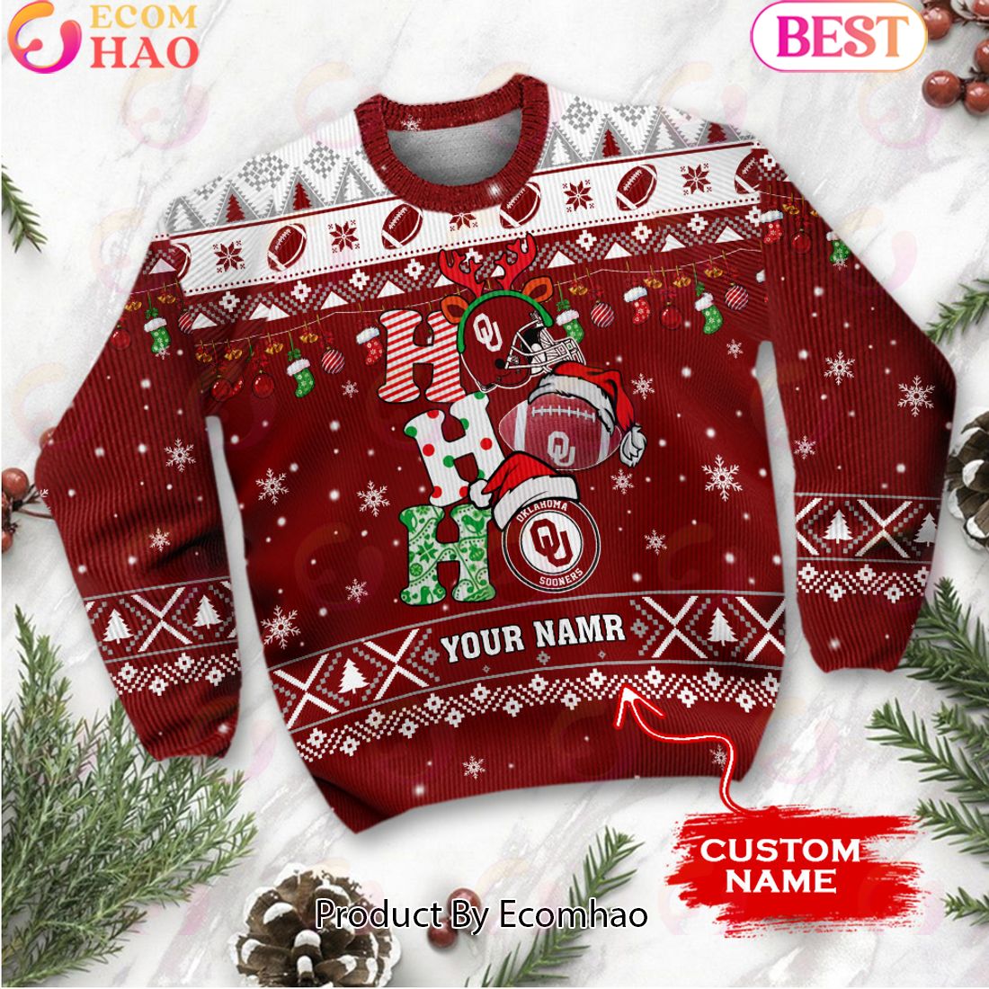 NCAA Oklahoma Sooners HO HO HO Christmas Custom Name Ugly Wool Sweater