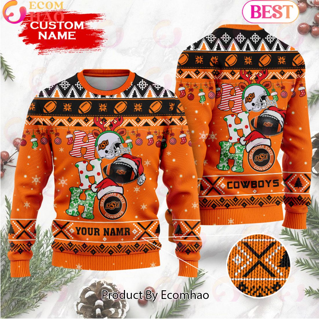 NCAA Oklahoma State Cowboys HO HO HO Christmas Custom Name Ugly Wool Sweater