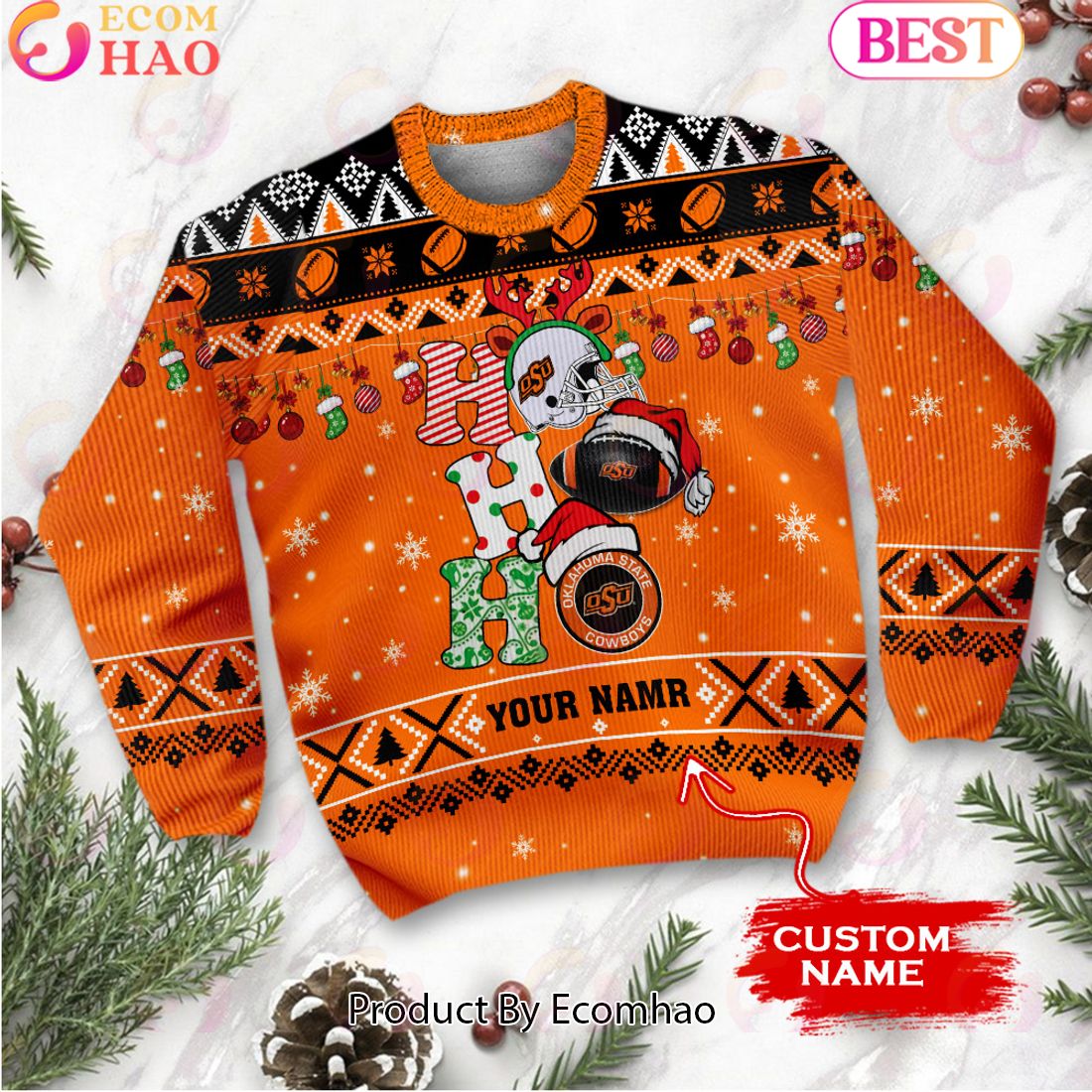 NCAA Oklahoma State Cowboys HO HO HO Christmas Custom Name Ugly Wool Sweater